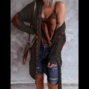 Long Black Knit Hooded Sweater with Brown Accents Size 16